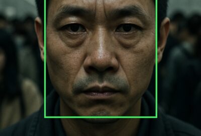 Facial recognition green bounding boxes overlaid on crowded Chinese subway commuters