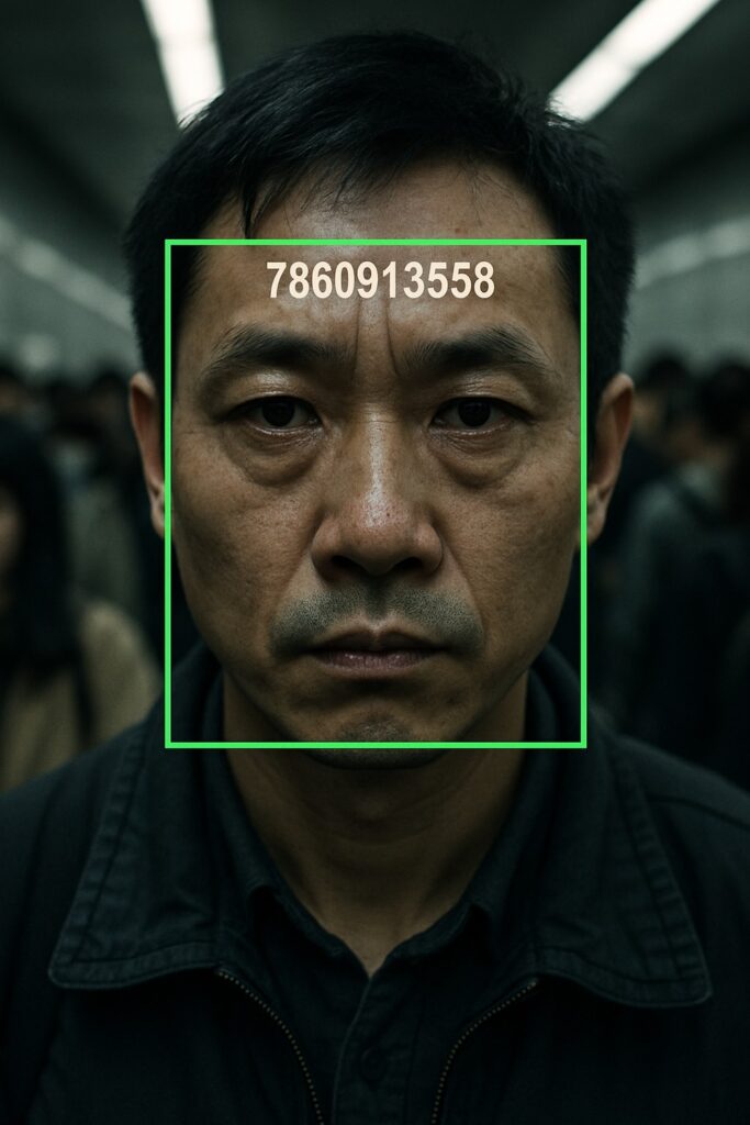Facial recognition green bounding boxes overlaid on crowded Chinese subway commuters