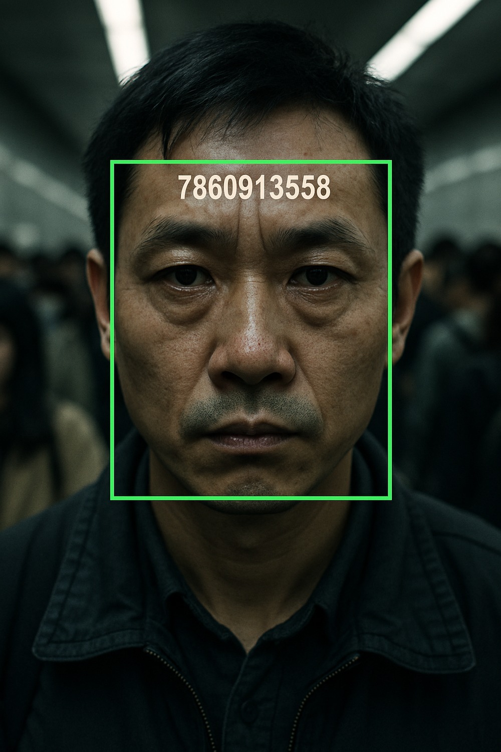 Facial recognition green bounding boxes overlaid on crowded Chinese subway commuters