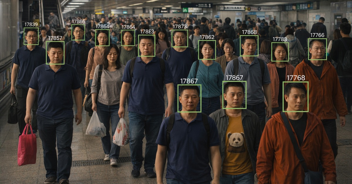 Surveillance camera scanning pedestrians in a busy urban Chinese transit corridor