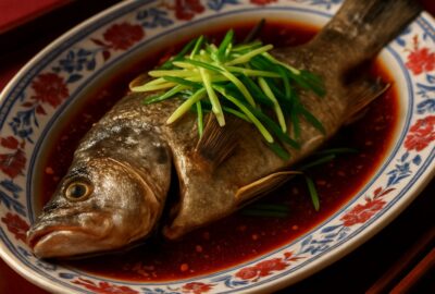 Whole steamed fish on blue-and-white porcelain platter with red chili sauce on festive Chinese New Year table