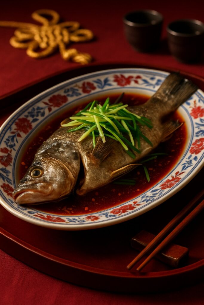 Whole steamed fish on blue-and-white porcelain platter with red chili sauce on festive Chinese New Year table