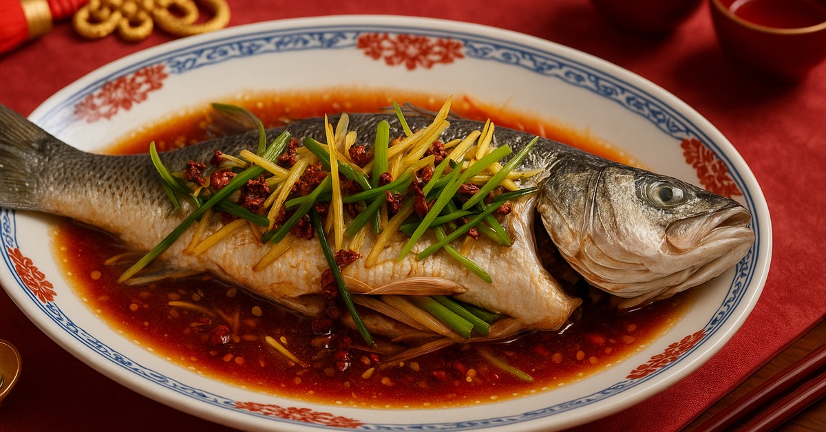 Close-up overhead view of steamed whole fish in amber sauce with ginger and scallions on ceremonial platter