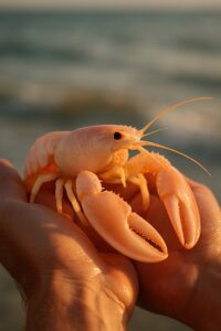Rare cotton candy lobster with pastel pink shell cradled in human hands near ocean