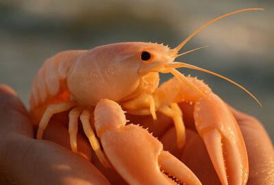 Rare cotton candy lobster with pastel pink shell cradled in human hands near ocean