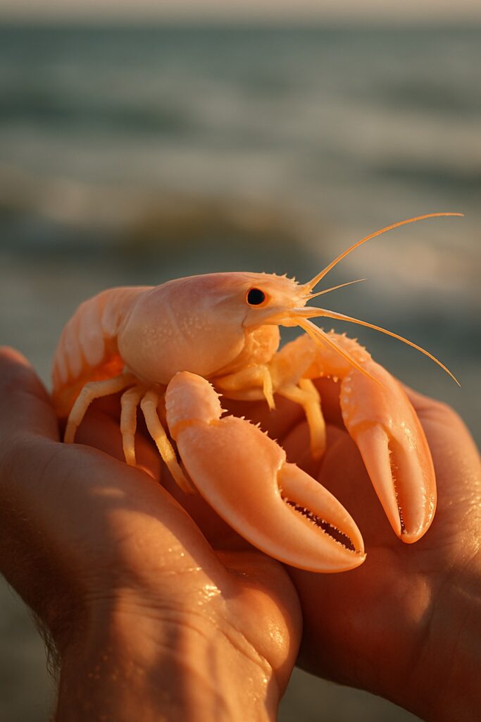Rare cotton candy lobster with pastel pink shell cradled in human hands near ocean