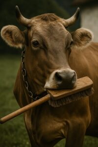 Swiss Brown cow holding a long wooden grooming brush in its mouth on an Alpine pasture