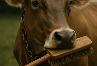 Swiss Brown cow holding a long wooden grooming brush in its mouth on an Alpine pasture