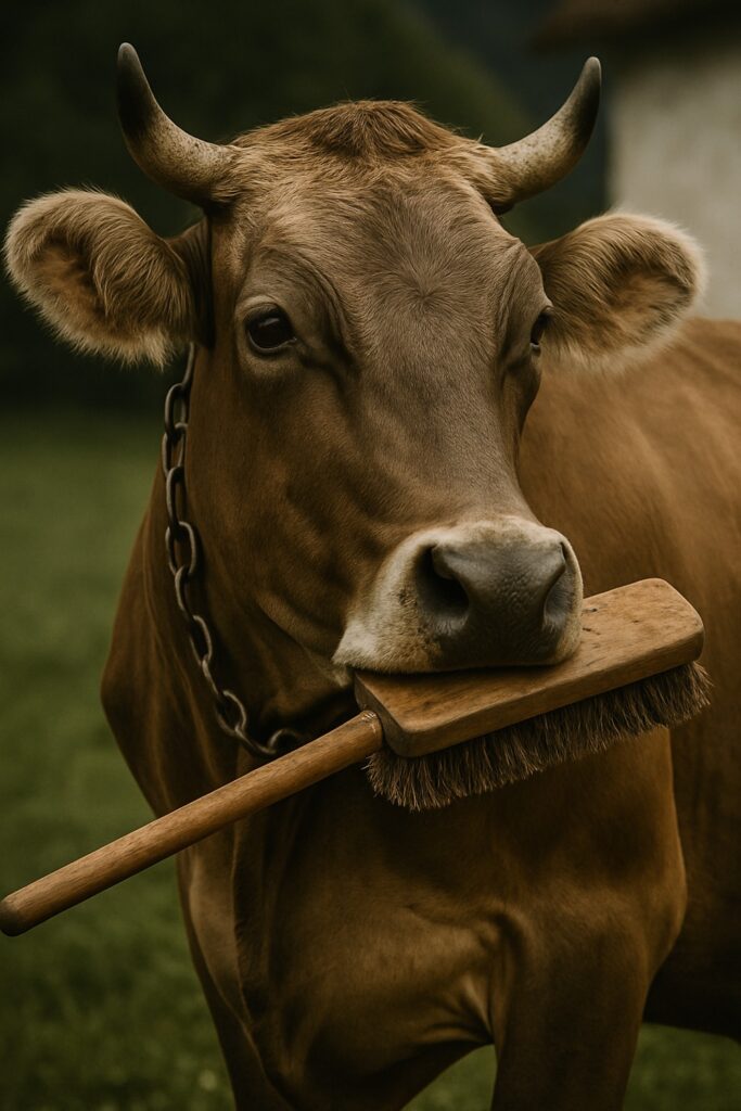 Swiss Brown cow holding a long wooden grooming brush in its mouth on an Alpine pasture