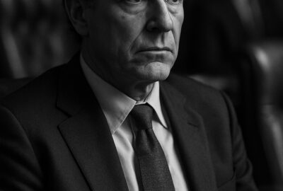 Serious contemplative man in dark suit photographed in black and white documentary style