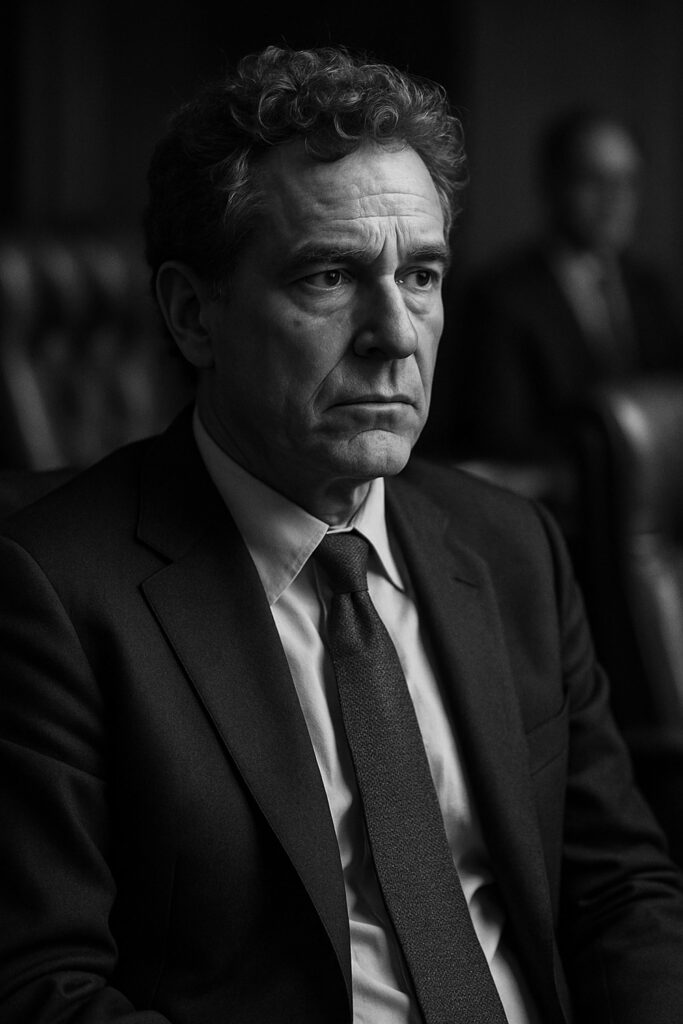 Serious contemplative man in dark suit photographed in black and white documentary style