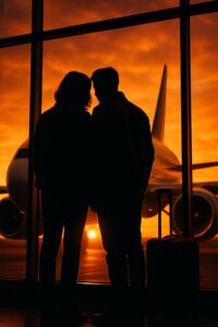 Silhouetted travelers at airport terminal watching plane approach at golden sunset