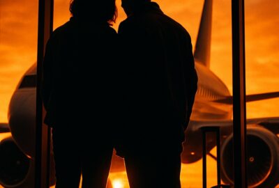 Silhouetted travelers at airport terminal watching plane approach at golden sunset