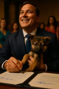 Official signing of Dexter's Law with a German Shepherd puppy held proudly
