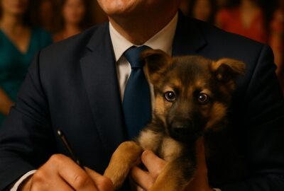 Official signing of Dexter's Law with a German Shepherd puppy held proudly