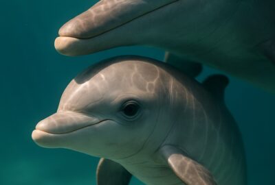 Young dolphin calf swimming close beside its mother in open ocean waters