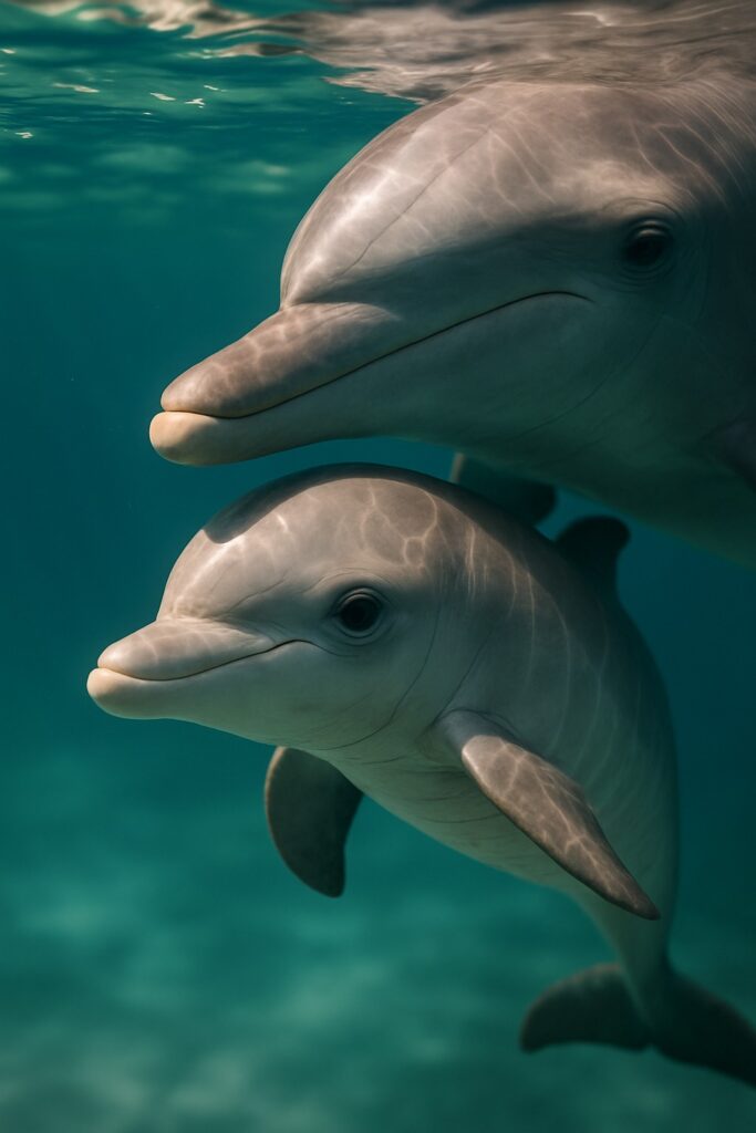 Young dolphin calf swimming close beside its mother in open ocean waters