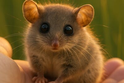 Tiny eastern pygmy possum cradled gently in a human hand at golden hour