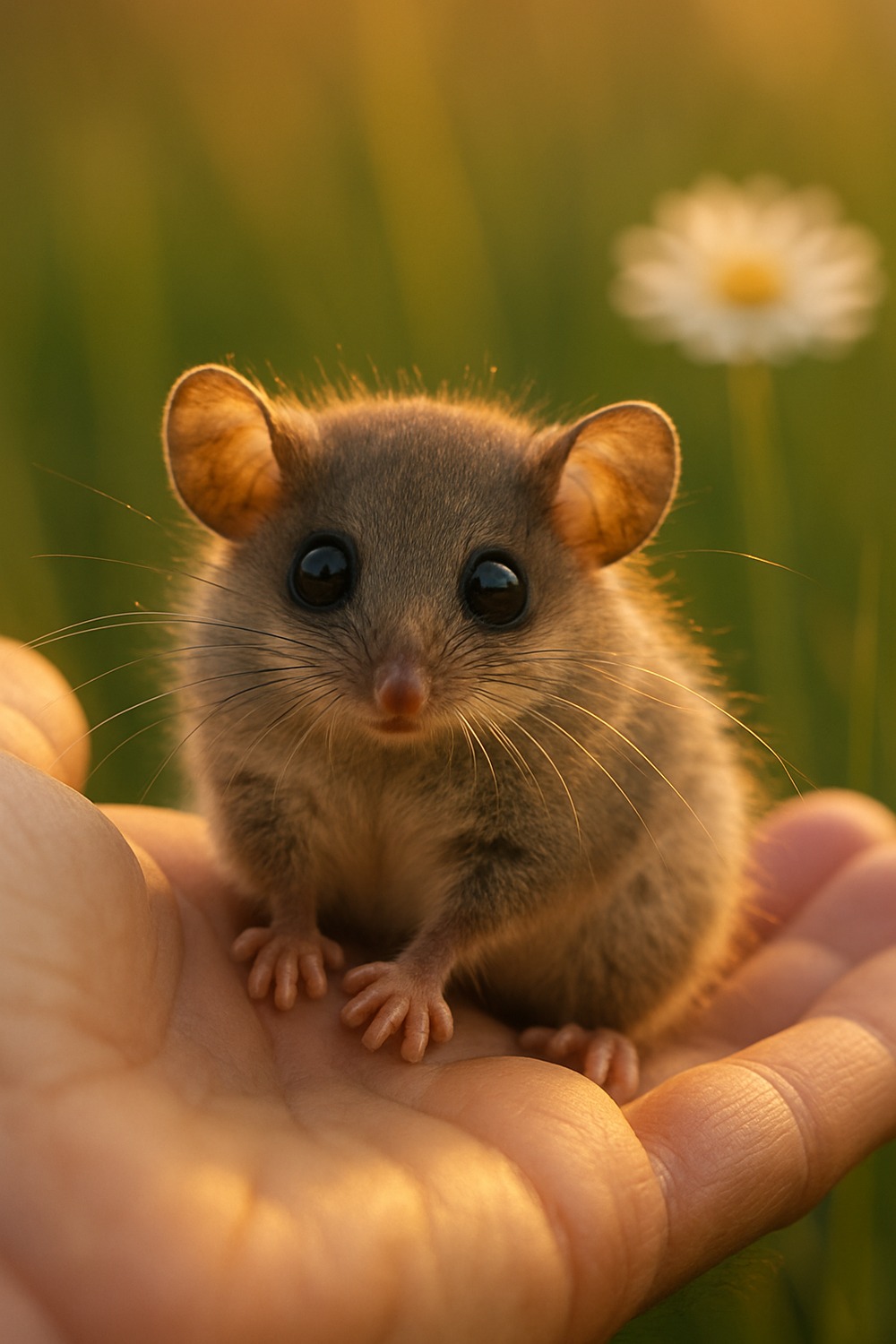 Tiny eastern pygmy possum cradled gently in a human hand at golden hour