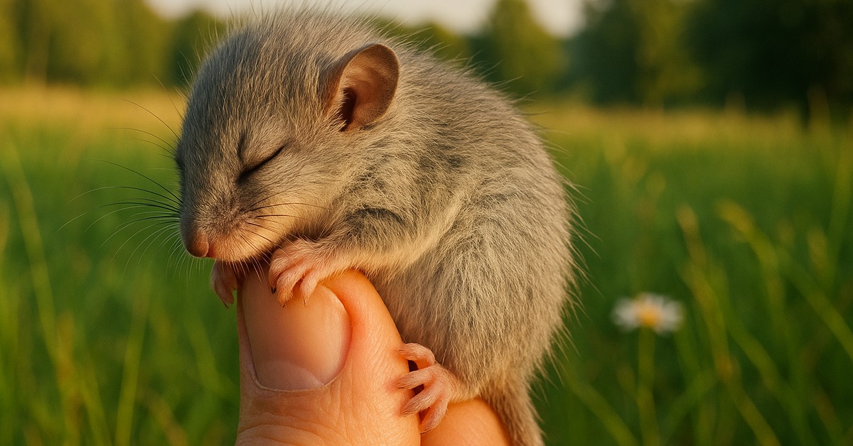 Eastern pygmy possum perched on a fingertip viewed from above in warm light