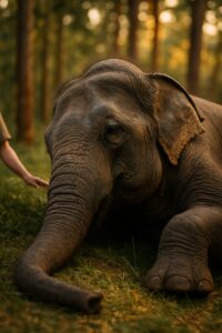 Elderly Asian elephant resting on dirt floor inside wooden sanctuary stable enclosure
