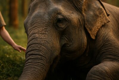 Elderly Asian elephant resting on dirt floor inside wooden sanctuary stable enclosure