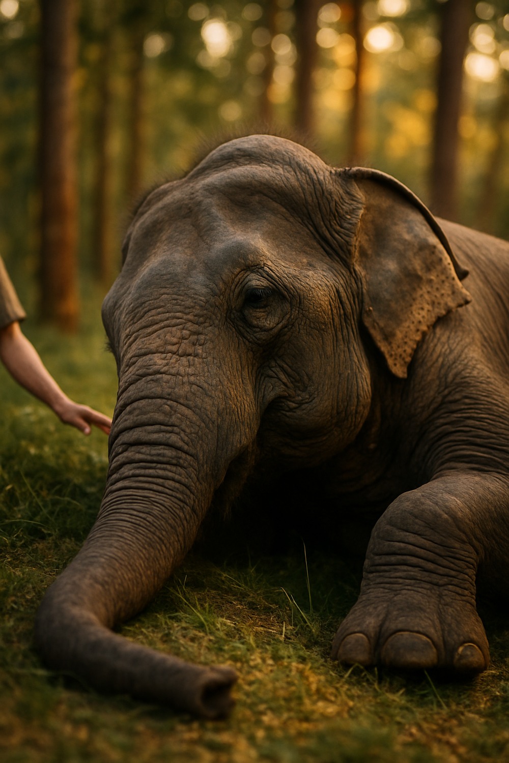 Elderly Asian elephant resting on dirt floor inside wooden sanctuary stable enclosure