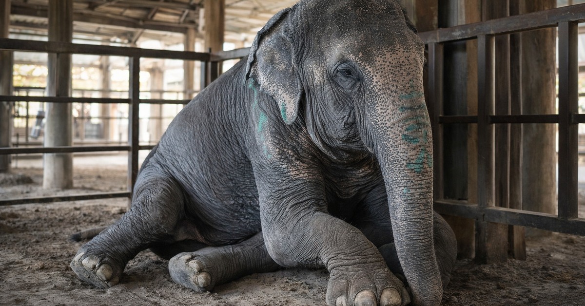 Close-up of aged Asian elephant face with teal markings resting peacefully on ground
