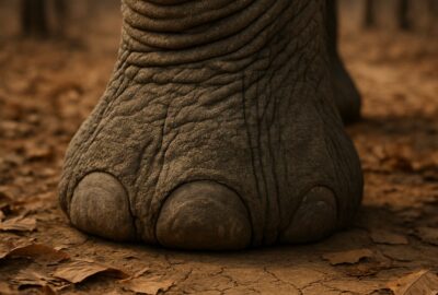 Multigenerational African elephant herd protectively clustered around two calves on a forest path