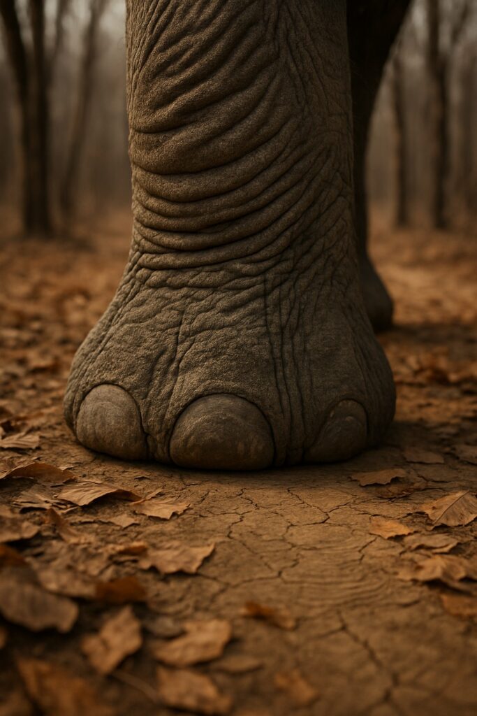 Multigenerational African elephant herd protectively clustered around two calves on a forest path