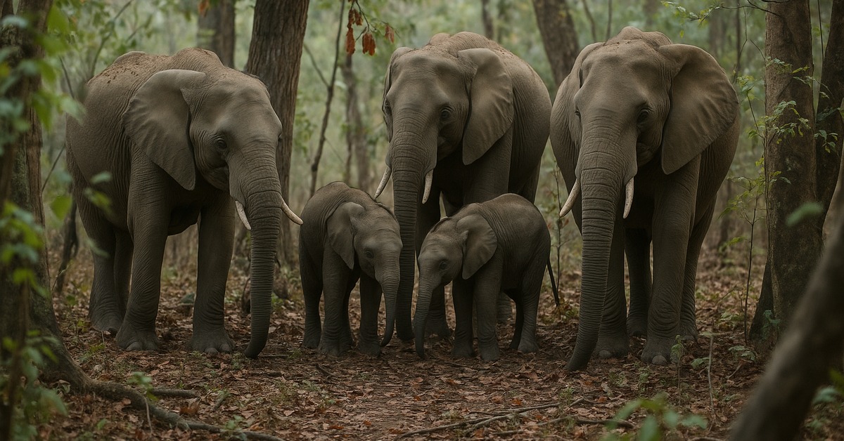 Adult African elephants standing outward in defensive formation around calves in dry woodland