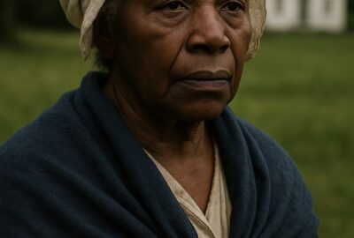 Elderly Black woman in indigo shawl and white bonnet stands dignified before colonial farmhouse