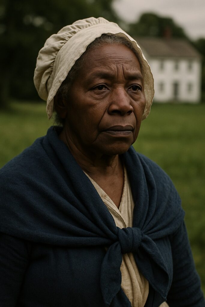 Elderly Black woman in indigo shawl and white bonnet stands dignified before colonial farmhouse