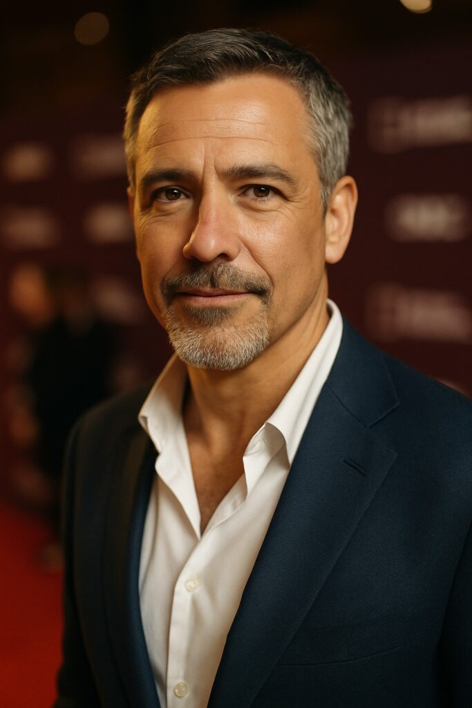 Eric Dane in navy blazer smiling warmly at a red carpet premiere event