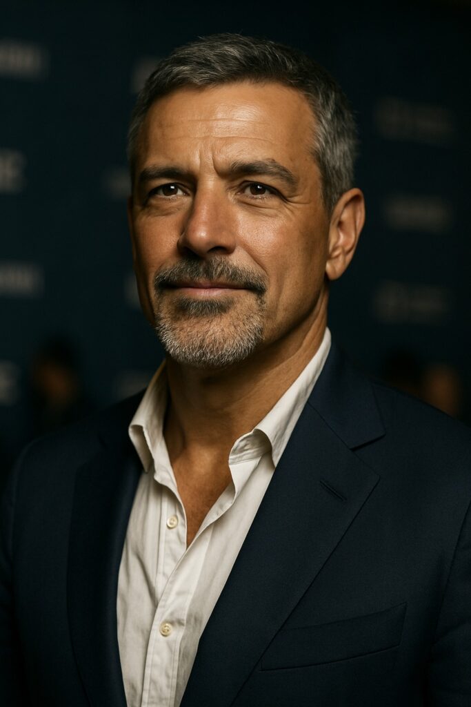 Eric Dane smiling confidently at a red carpet press event in navy blazer