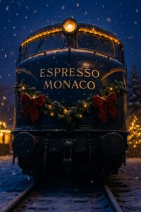 Festive navy blue Espresso Monaco train decorated with Christmas garlands in snowy market setting