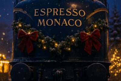 Festive navy blue Espresso Monaco train decorated with Christmas garlands in snowy market setting