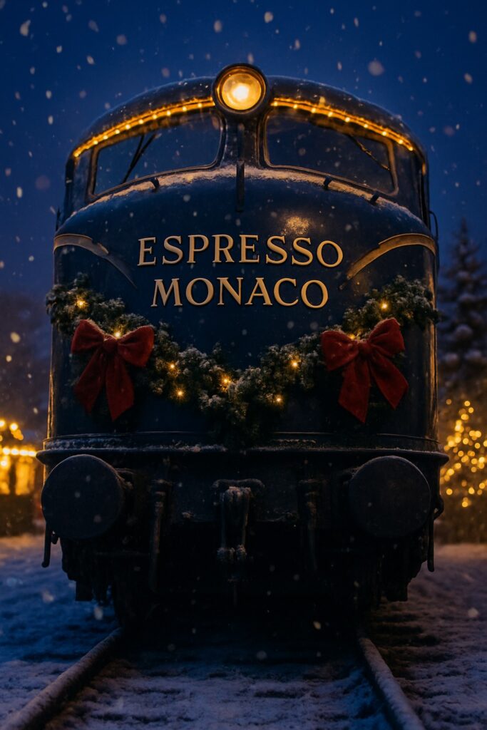 Festive navy blue Espresso Monaco train decorated with Christmas garlands in snowy market setting