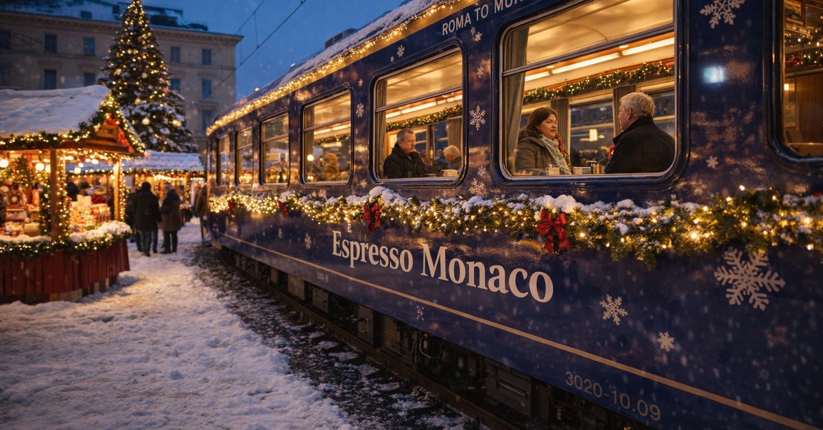 Warm-lit train interior with Christmas garlands seen through snow-dusted carriage windows at dusk