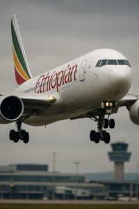 Ethiopian Airlines Boeing 767 with landing gear down approaching Geneva airport runway