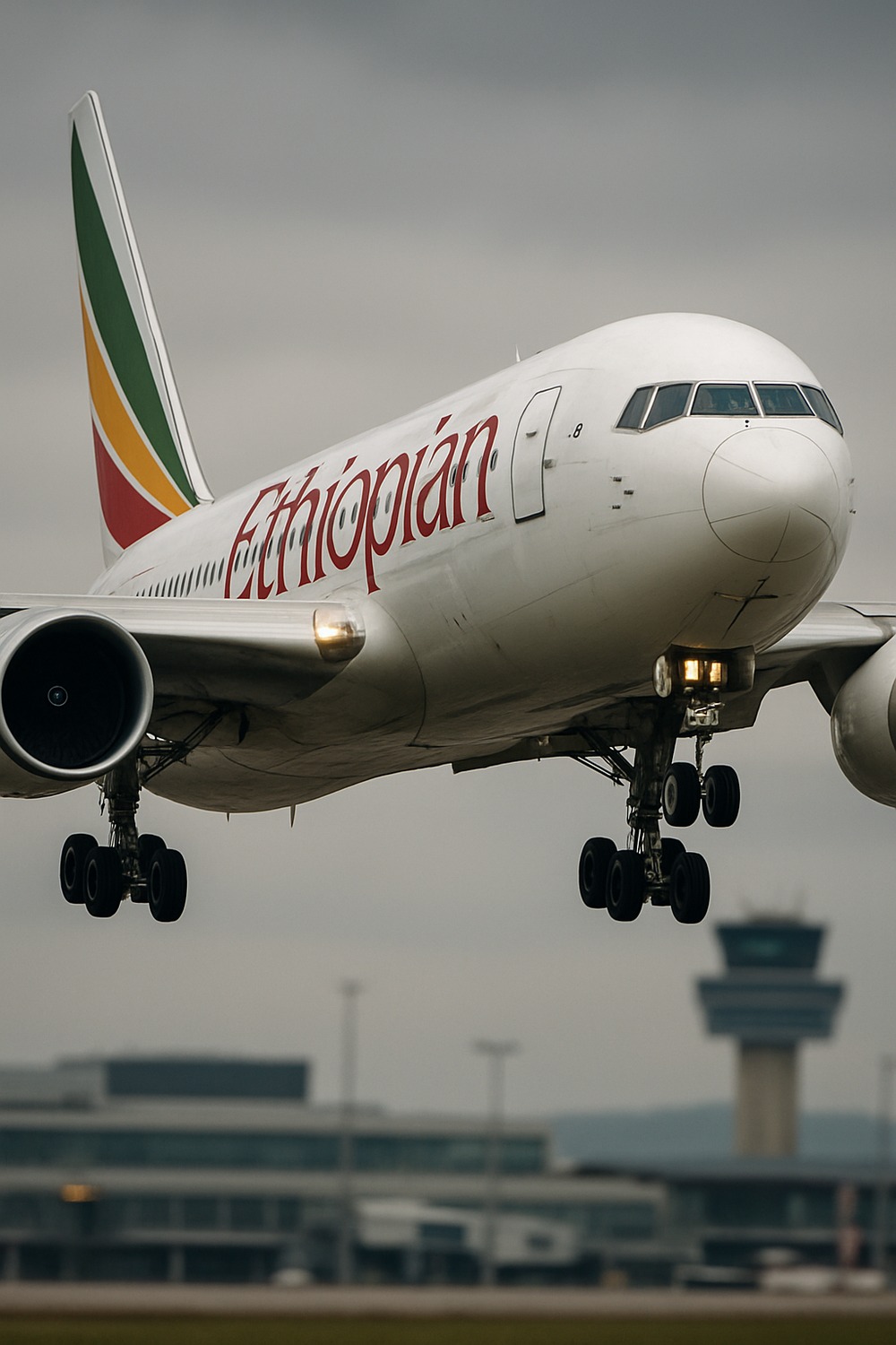 Ethiopian Airlines Boeing 767 with landing gear down approaching Geneva airport runway