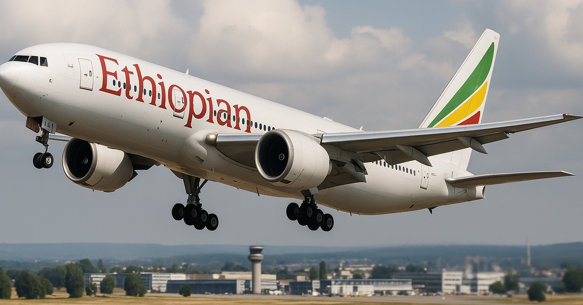 Ethiopian Airlines wide-body jet seen from rear quarter highlighting vivid tail livery