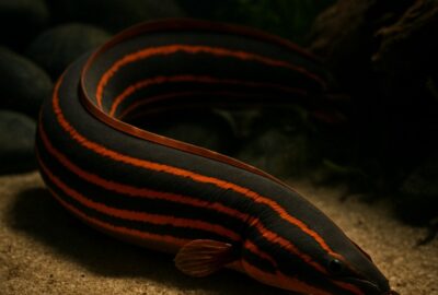 Fire eel with vivid orange stripes resting on sandy aquarium substrate near driftwood