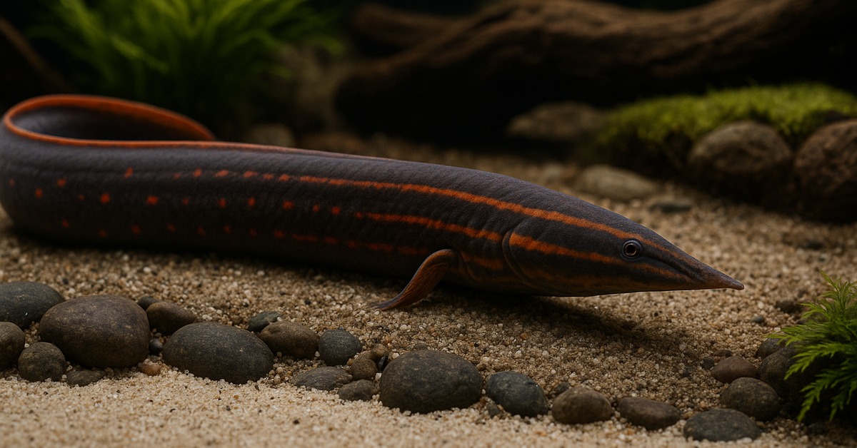 Close-up of fire eel pointed snout and orange facial markings partially buried in sand