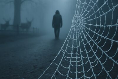 Lone figure walks foggy gravel path through bare trees with deer silhouetted nearby