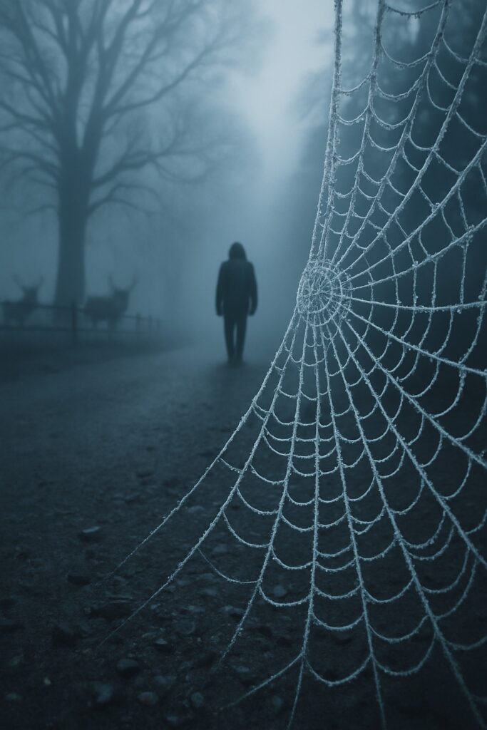 Lone figure walks foggy gravel path through bare trees with deer silhouetted nearby