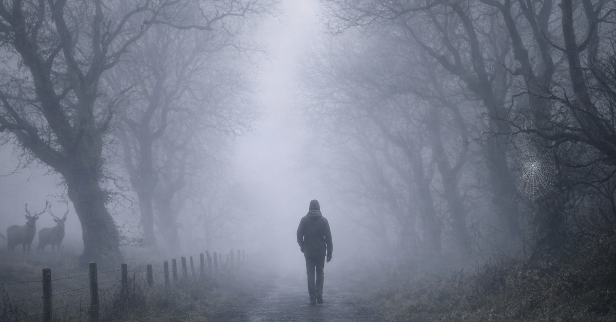 Dense fog rolls between frost-covered bare trees along a silent woodland path