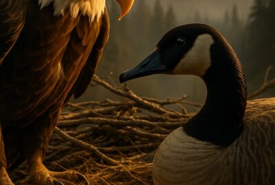 Bald eagle and Canada goose share a large stick nest filled with pale eggs at golden hour