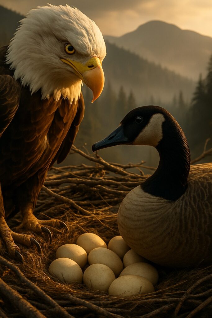 Bald eagle and Canada goose share a large stick nest filled with pale eggs at golden hour