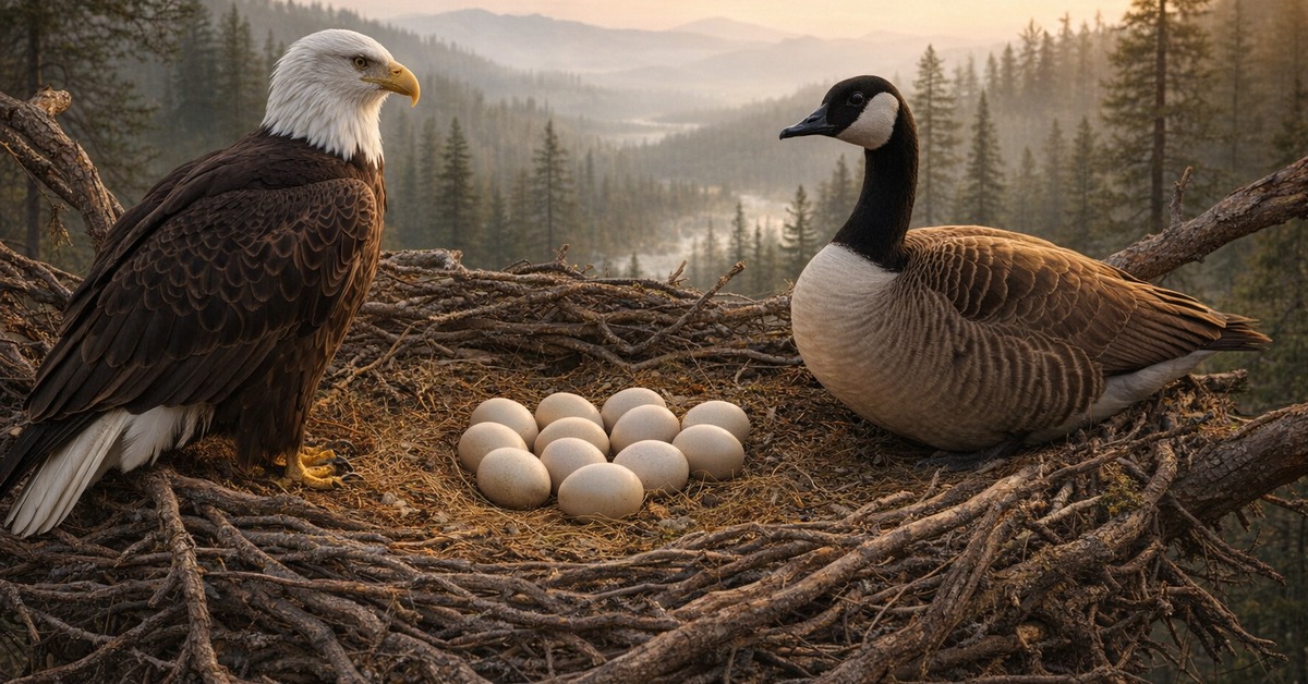 Канадська казарка висиджує яйця в орлиному гнізді, поки білоголовий орлан пильно сидить поруч.